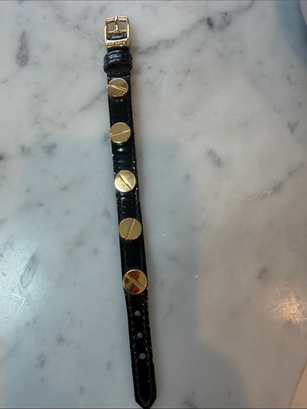 CC Skye Black Leather Bracelet with Gold Disc Studs